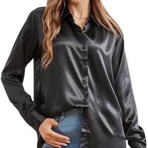 Damipow Satin Silk Button Down Shirts for Women Dress Shirts Long Sleeve Blouses Womens Shirts